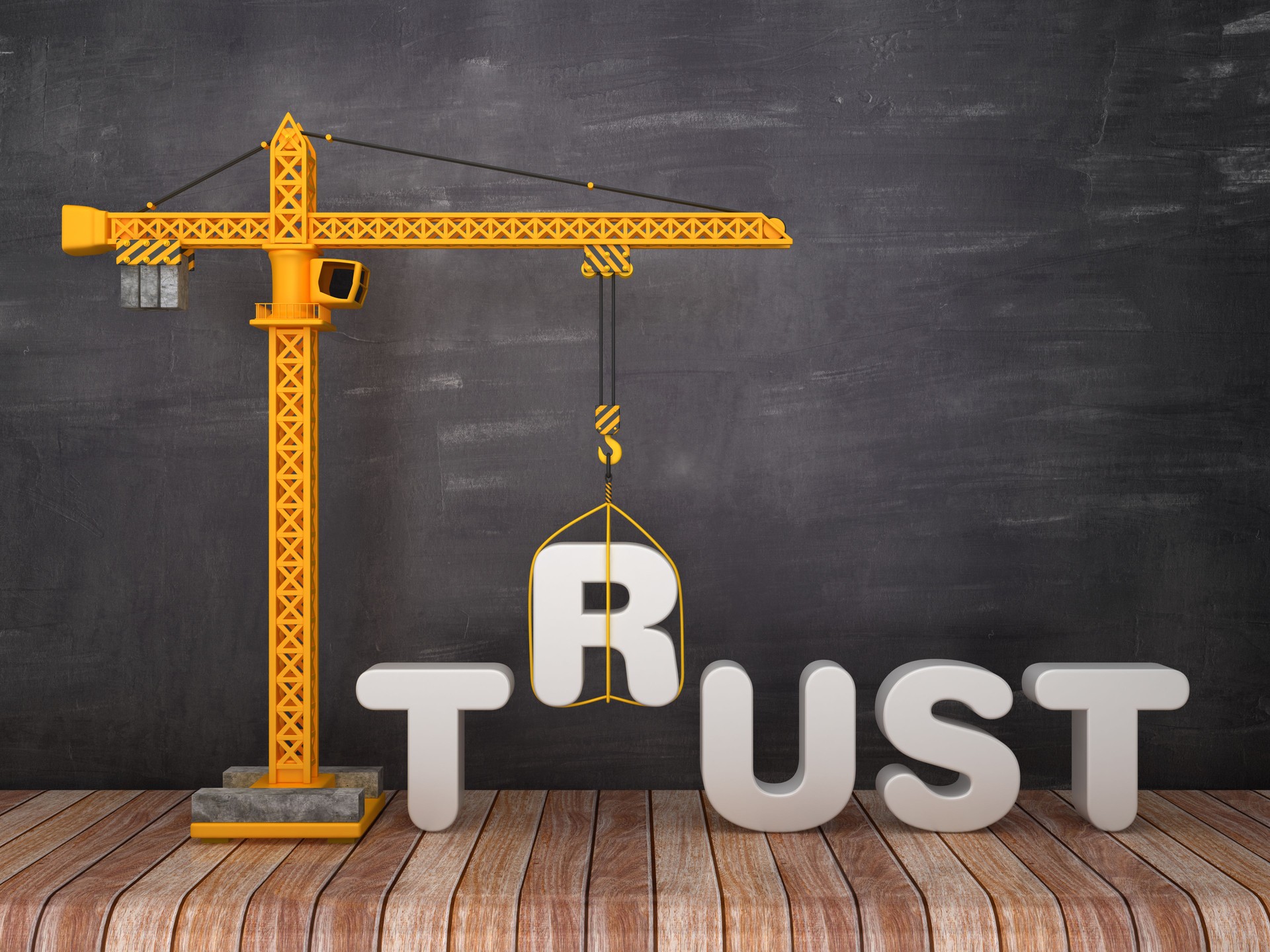 Tower Crane with TRUST Word on Chalkboard Background - 3D Rendering