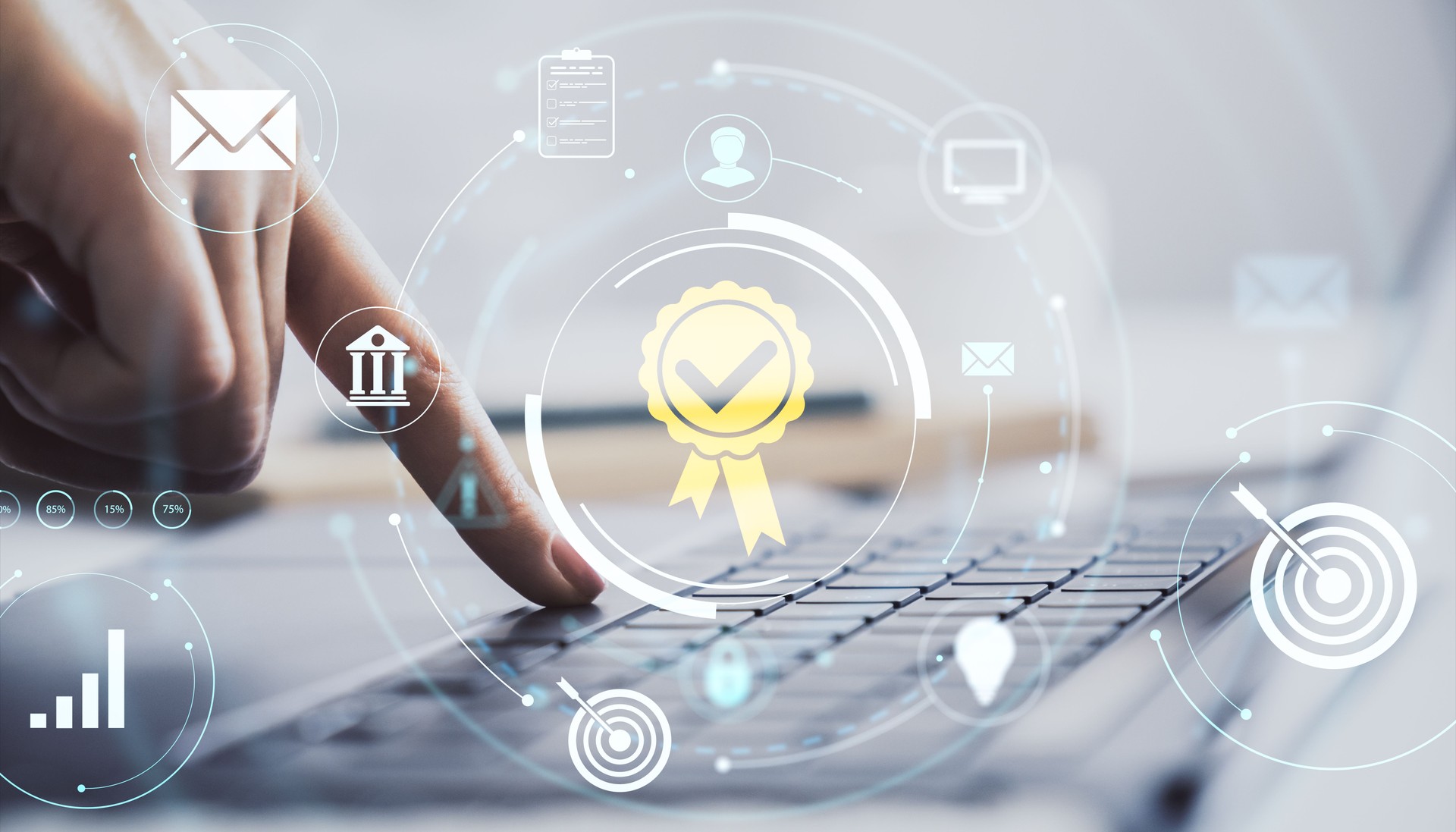 Business professional using digital interface with quality assurance icons and data analytics on a bright office background for creative teamwork..